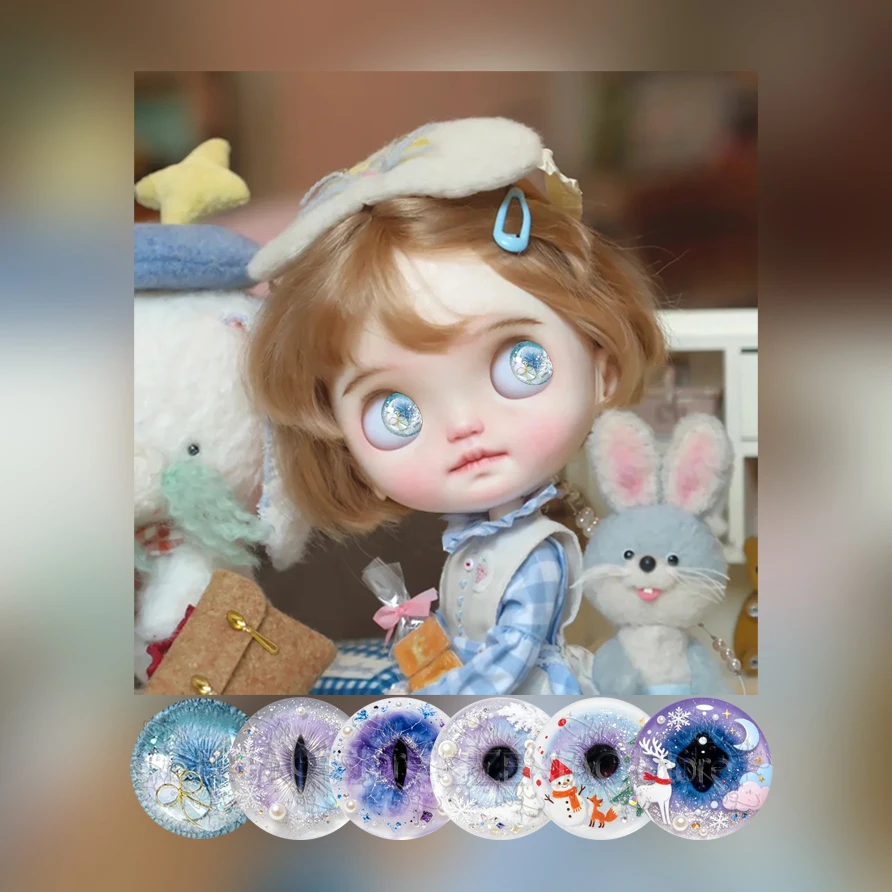 Blythe Doll Glass Eye Chips Winter Snowflake Snowman Christmas Tree Moon Star Pattern Glass Cabochon Eye Doll Accessories MS17
