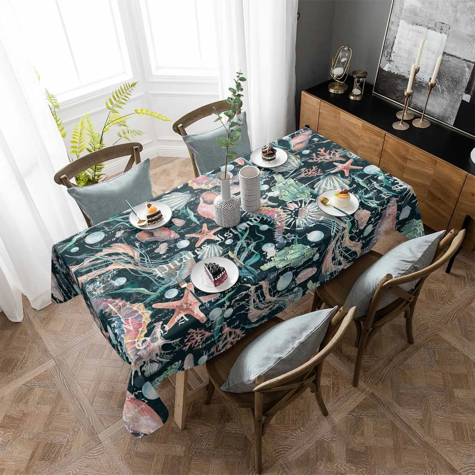 Hippocampus Starfish Seaweed Retro Watercolor Waterproof Tablecloth Party Decorations Rectangle Table Cloth Kitchen Table Decor