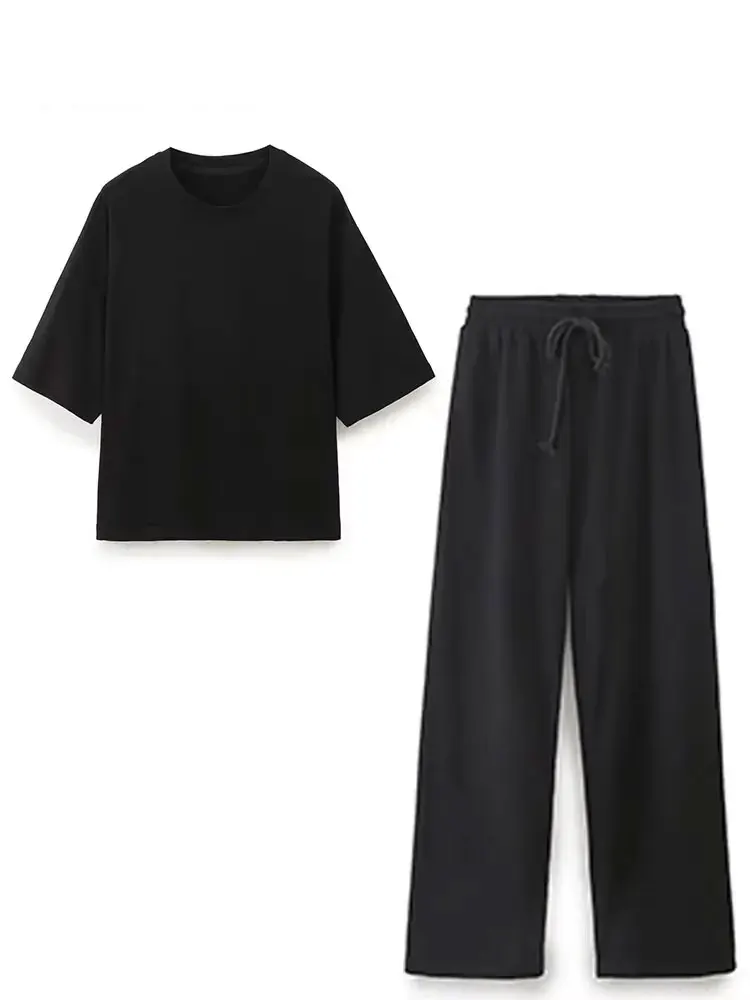 HH 2024 Summer Female Solid Cozy Pants Suit Short Sleeves O Neck T-Shirt+Drawstring Jogging Straight Pants Causal Street Set