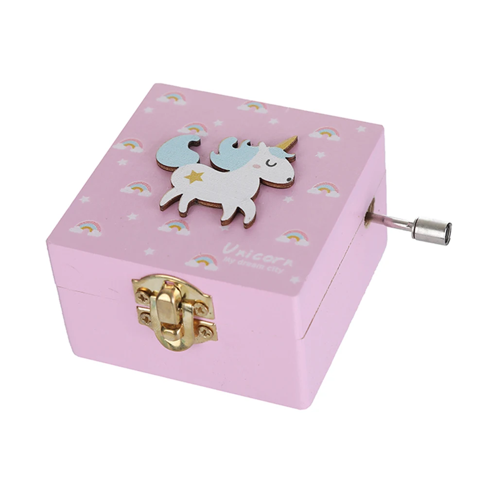 Wooden Music Box Hand-cranked Unicorn Pattern Miniature Wind Up Handmade Mechanical Rotation Box for Birthday Valentine's Gift C