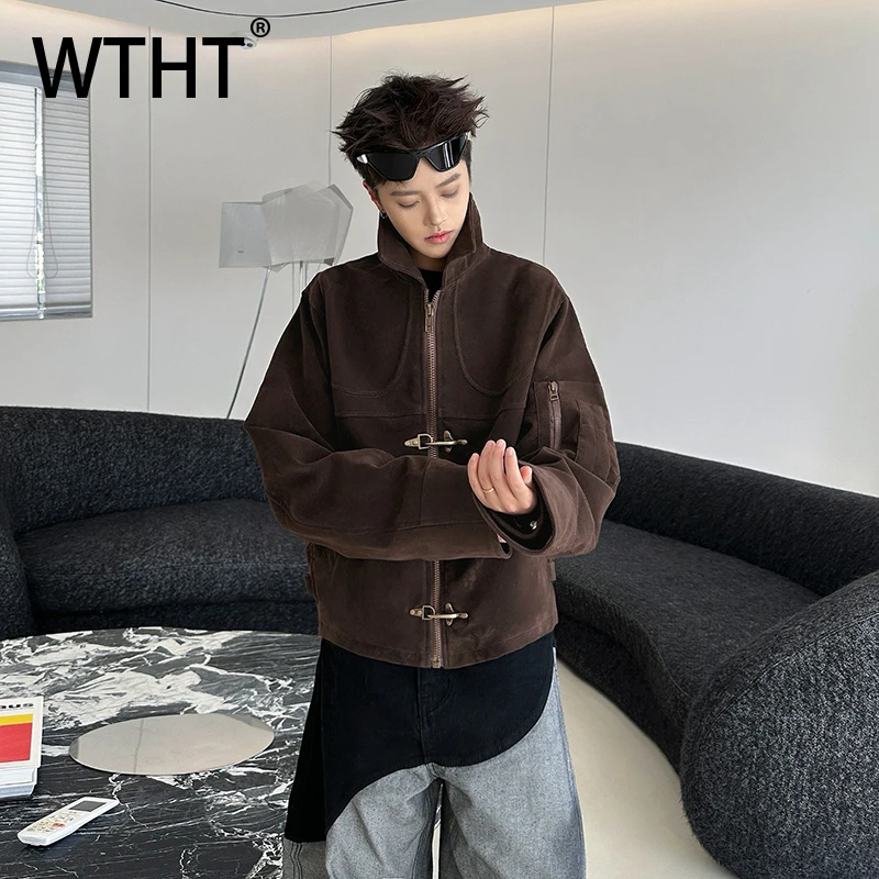 WTHT vintage men's spliced deconstruct solid color coats fashion high street lapel zipper jackets male 2025 winter 2A2582