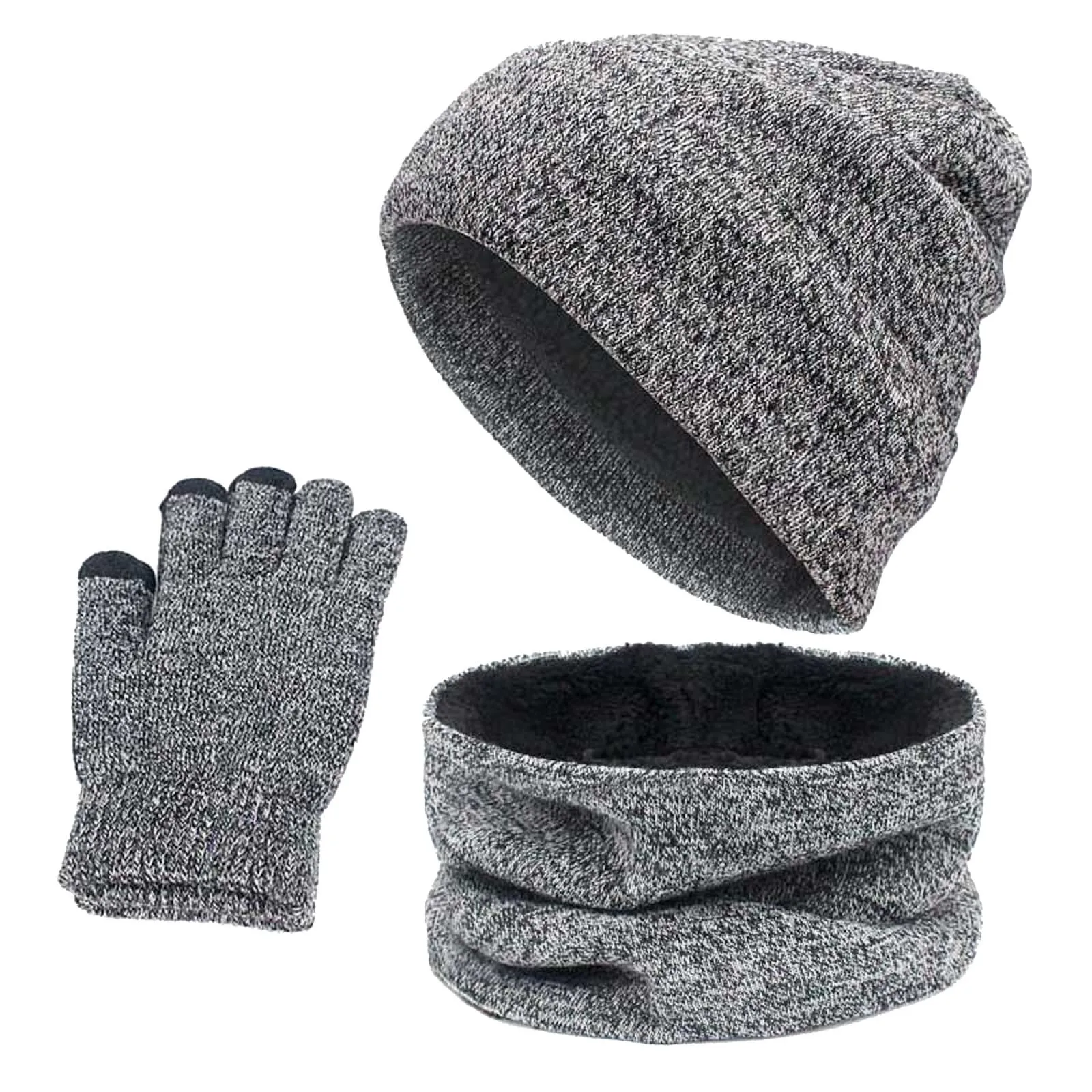 Ensemble de bonnets thermiques unisexes pour hommes et femmes, cache-oreilles, cache-cou, gants en tricot, écharpe, gants, doublure sourire, hiver, 3 pièces