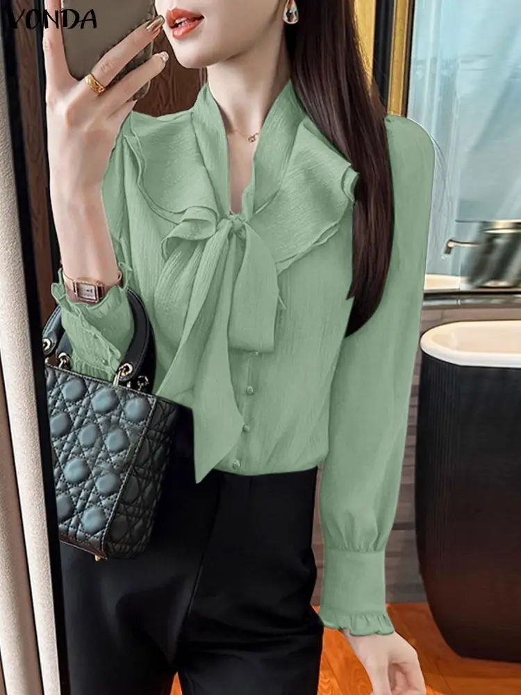 فوندا بلوزة أنيقة الصلبة المرأة طويلة الأكمام ضمادة القوس طوق مكتب موضة قميص للسيدات تكدرت الشارع الشهير Blusas الإناث #3