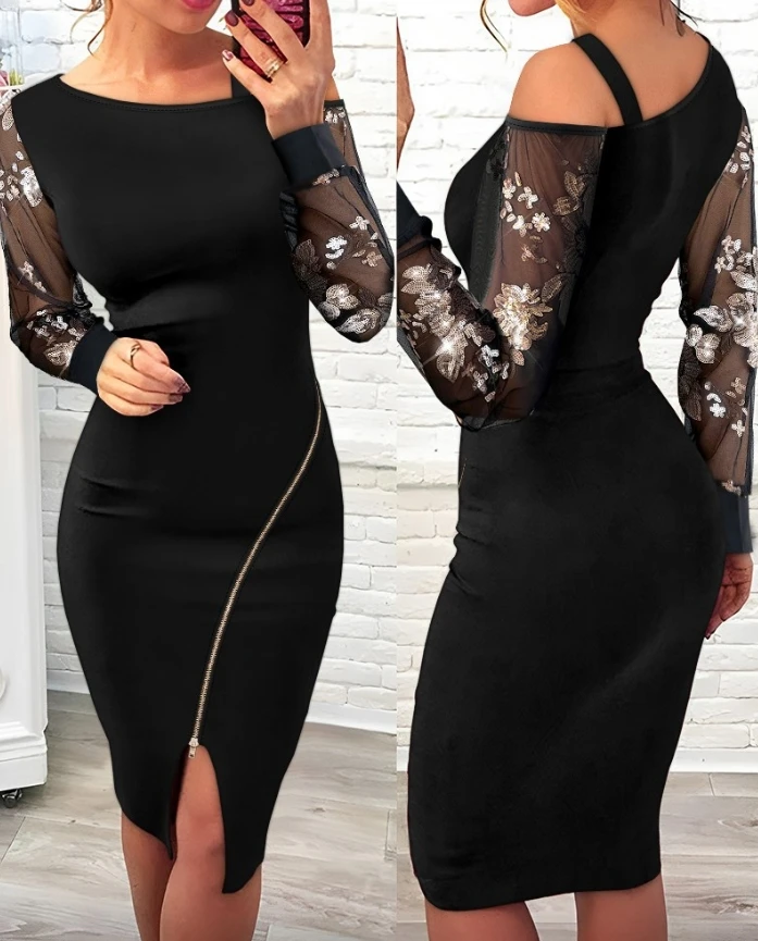 Women's Dress Floral Pattern Contrast Sequin Sheer Mesh Patch Long Sleeve Cold Shoulder Bodycon Dress Zip Up Design Midi Dress