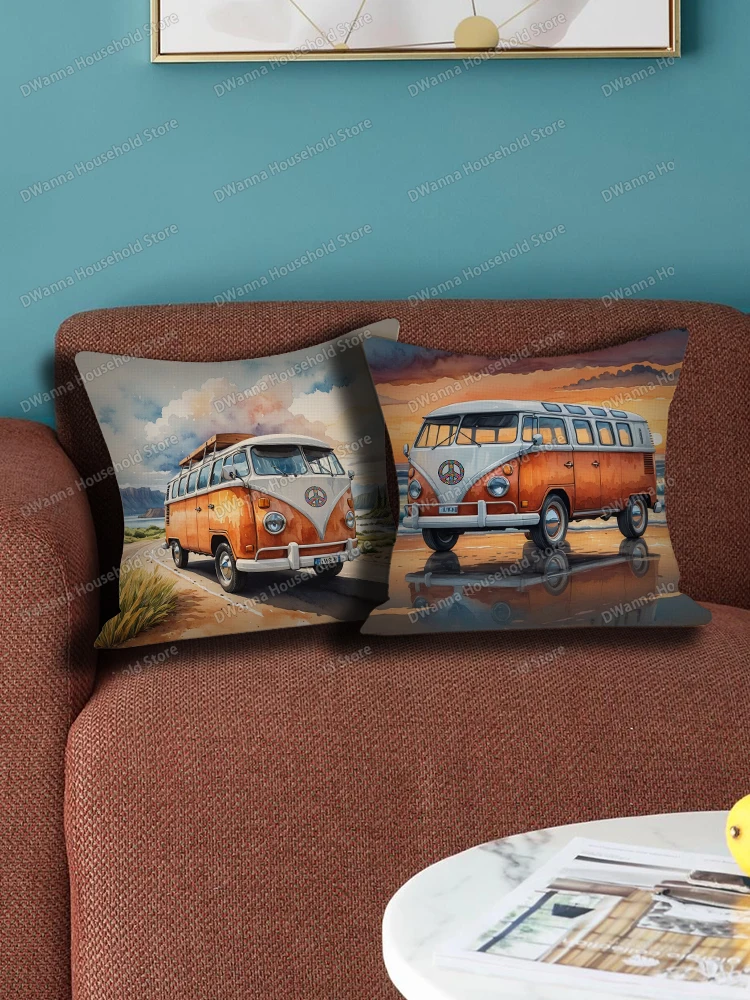Watercolor Camper Van Beach Travelling Print Cushion Cover Pillowcase Sofa Bed Car Decorative Pillow Case Covers for Living Room