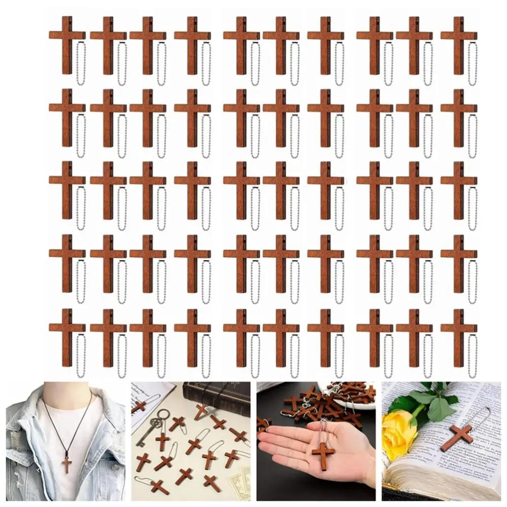

50pcs Portable Wooden Crosses Pendant DIY with Chains Wood Cross Charms Pendant Handheld Lightweight Christian Hanging Ornament