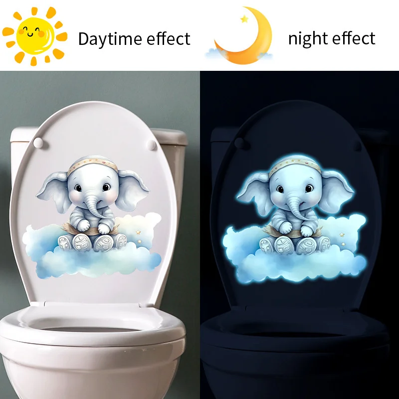 Cartoon Luminous Toilet Sticker Blue Fluorescent Elephant Decals Shine In The Dark Kids Room Animal Phosphorescent Sticker