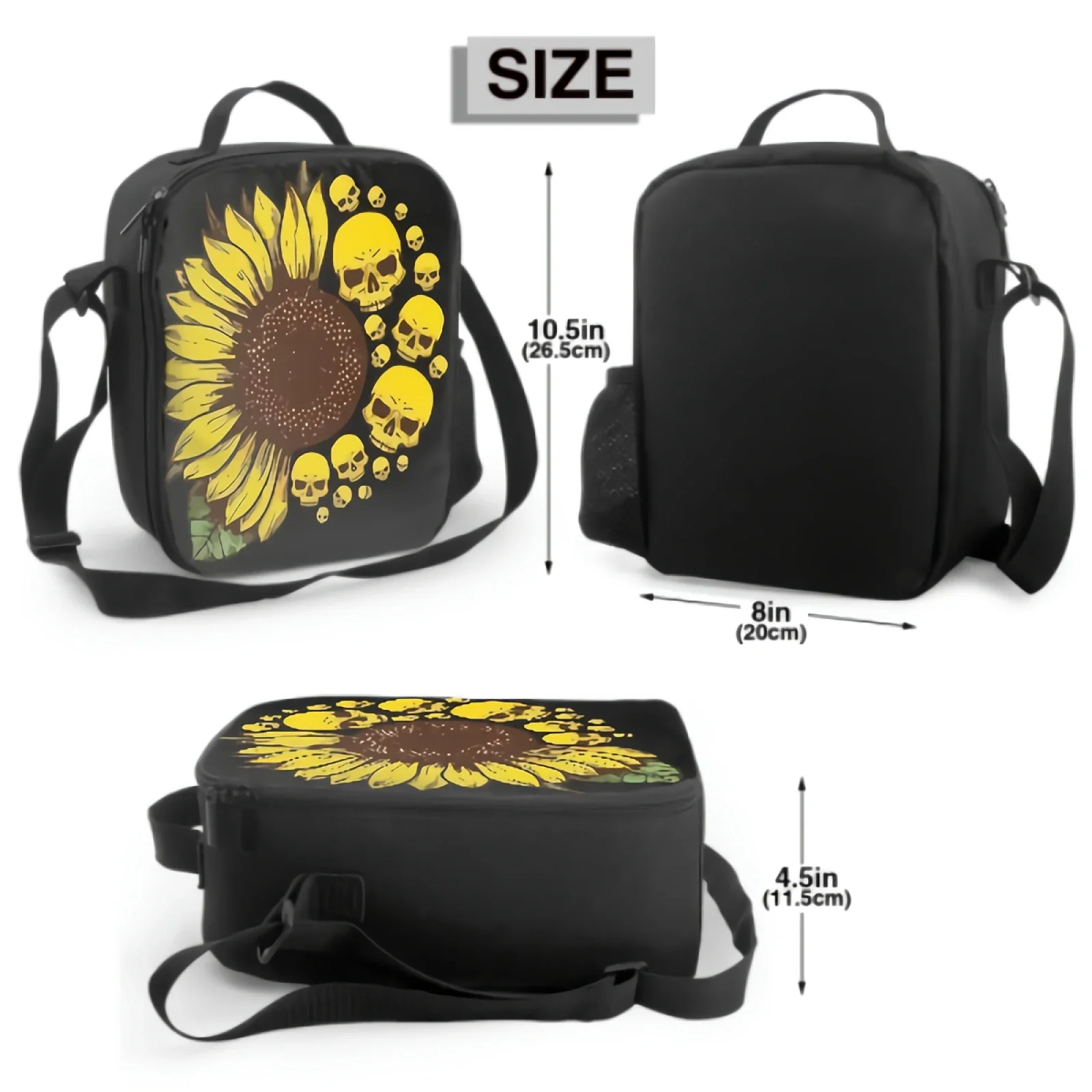 Sunflower Sugar Skull Tattoo Insulated Lunch Box Leakproof Portable Lunch Bags with Adjustable Shoulder Strap Cooler Tote Bag