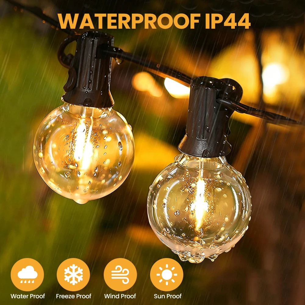 Outdoor String Lights with Remote Low Voltage 24V Dimmable 2700K Warm White Timer & 3 Modes G40 Bulbs String Light for Garden