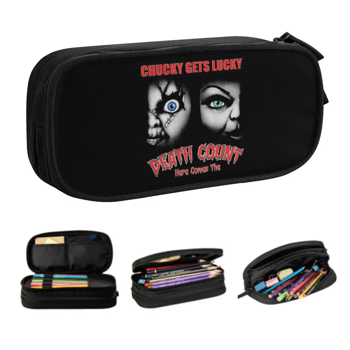 Custom Kawaii Chucky Death Count Pencil Case for Girls Boys Large Capacity Pencil Bag Stationery
