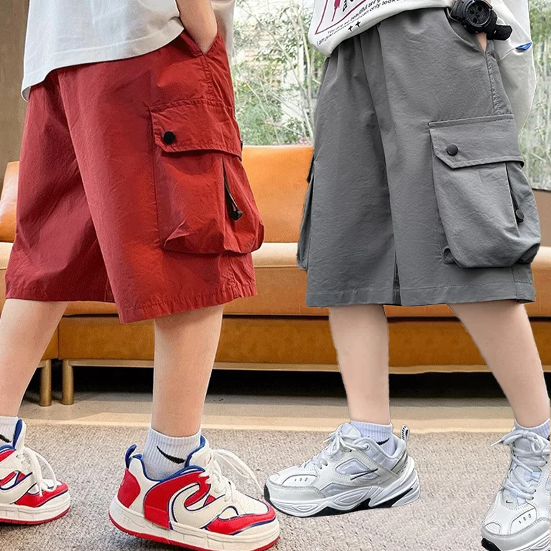 Boys Summer Thin Cargo Shorts Trendy Streetwear 5-14 Years Solid Color Big Pocket Knee-Length Sweatpants Casual Loose Kids Pants