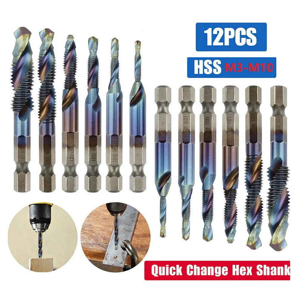 High Steel 12-Piece Tap and Drill Bit Set 1/4 Inch Hex Shank for M3 M5 for m6 M8 for m10 Metric Thread Machining Operations