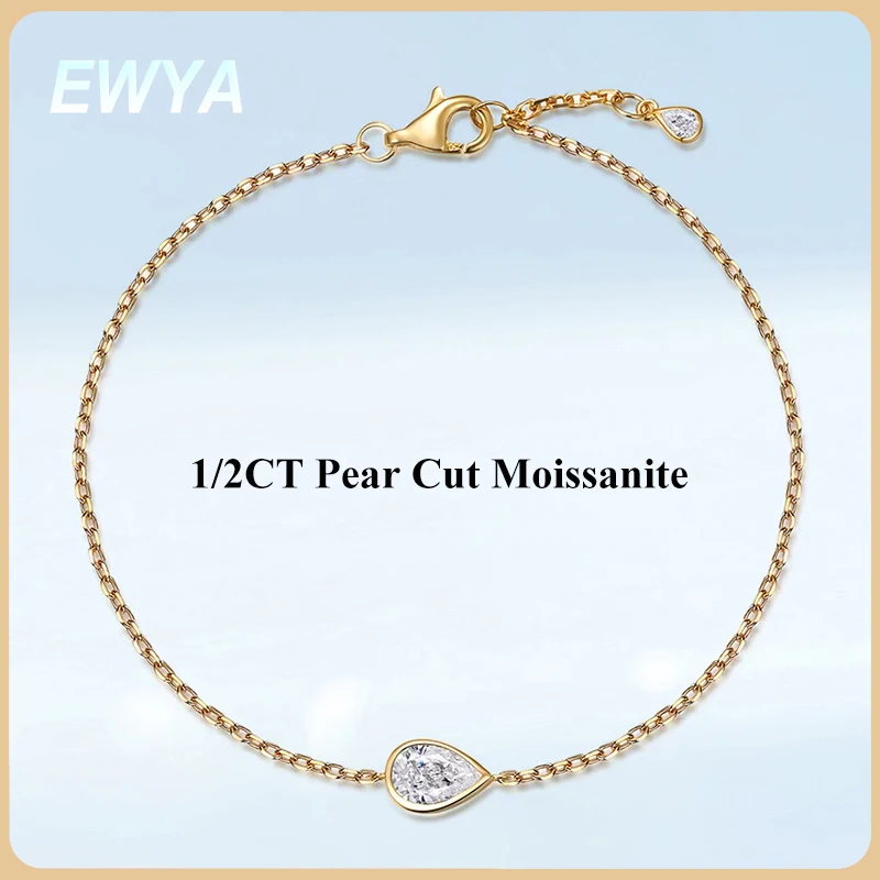 

EWYA 1/2CT Pear Cut Moissanite Bezel Solitaire Link Bracelet Women 925 Silver Lab Diamond Bridal Party Hand Chain Wristwear Gift