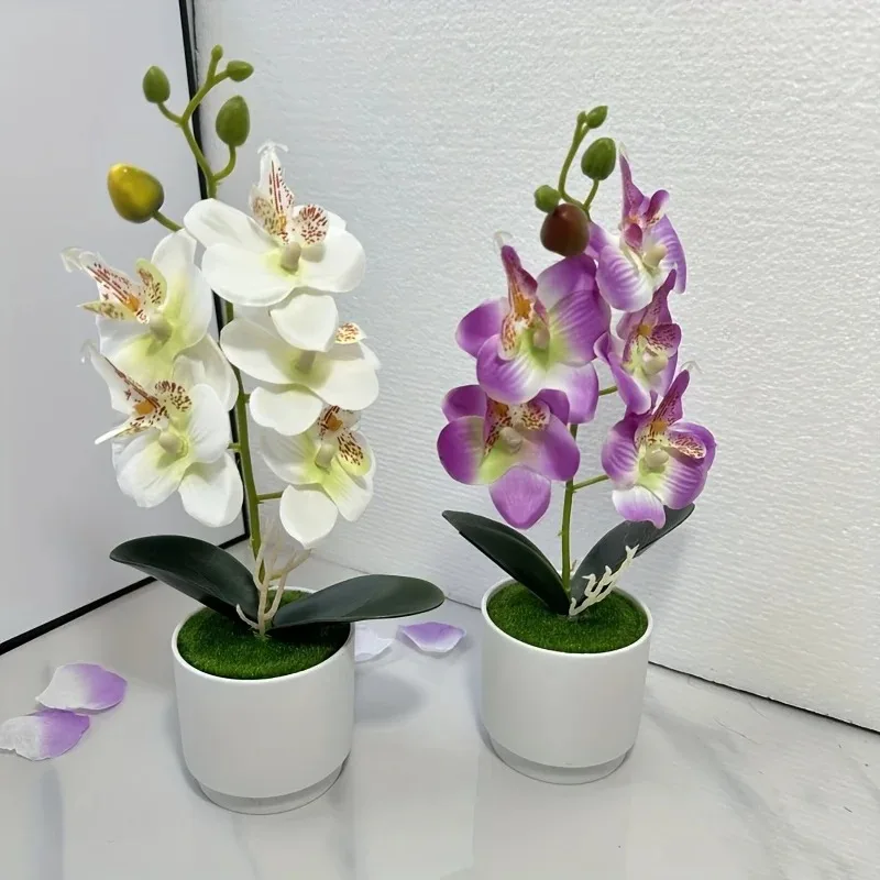 تشكيلة زهور الأوركيد الاصطناعية الفاخرة، نبات صناعي من الحرير الأبيض مع مزهرية لديكور القطعة المركزية للمكتب المنزلي الحديث