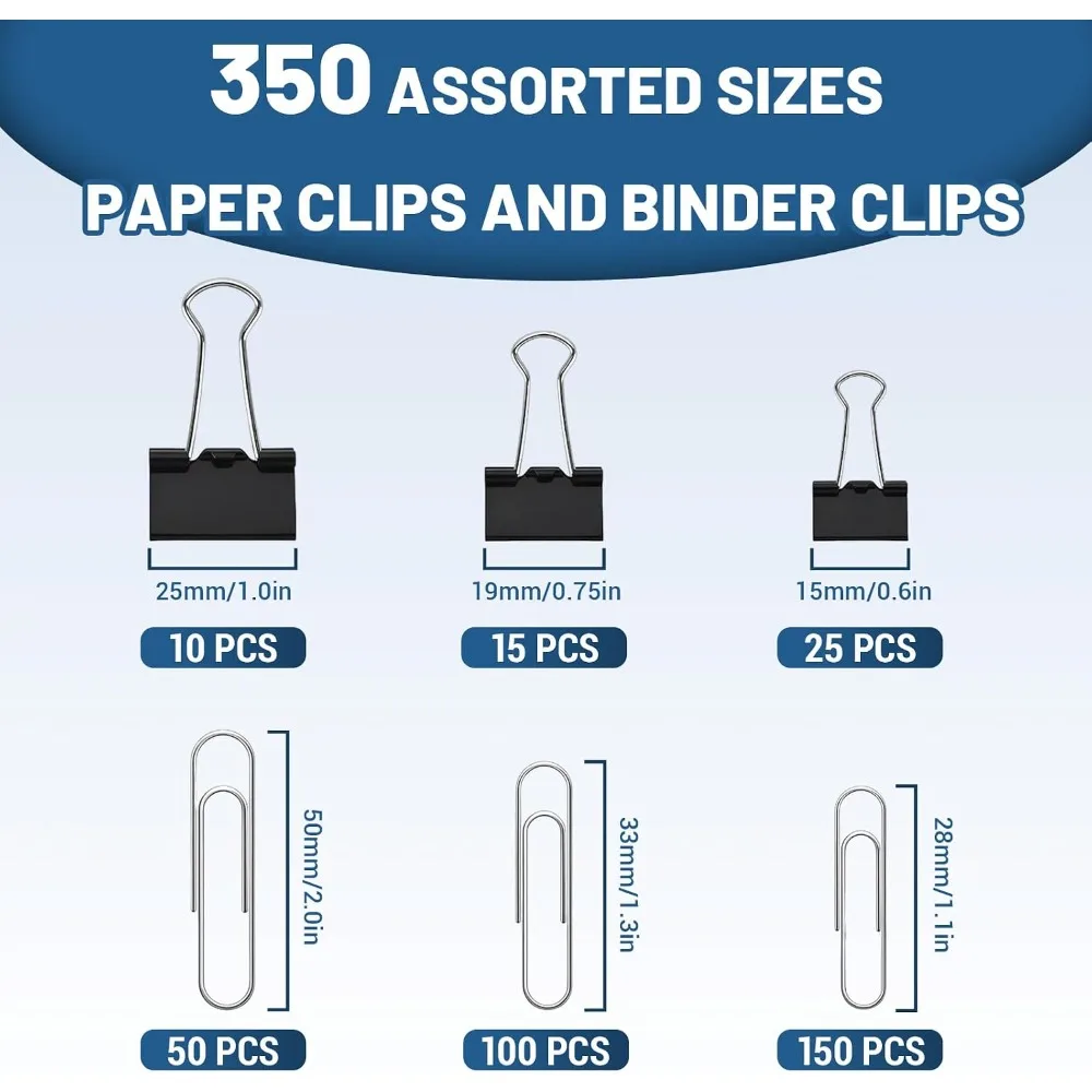 350Pcs Office Clips Set, Paper & Binder Clips, Assorted Sizes, Black Metal, for School & Home