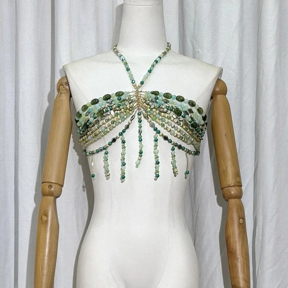 Handmade Acrylic Bead Body Chain, Spicy Girl Tassel Bra, European And American Backless Hanging Neck, Stone Bead Strapless