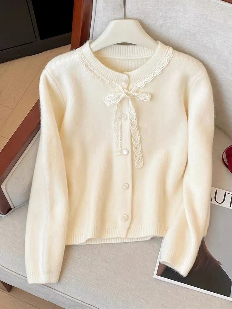 

Женский кардиган с бантом и длинным рукавом, милые кружевные лоскутные винтажные вязаные свитера в японском консервативном стиле, милые повседневные топы в стиле ретро, новинка