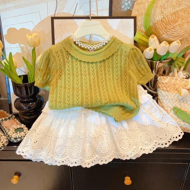 New Korean Style Short Sleeved T Shirt Fashionable and Stylish Knitted Hollow Lace Collar Top Children Clothing