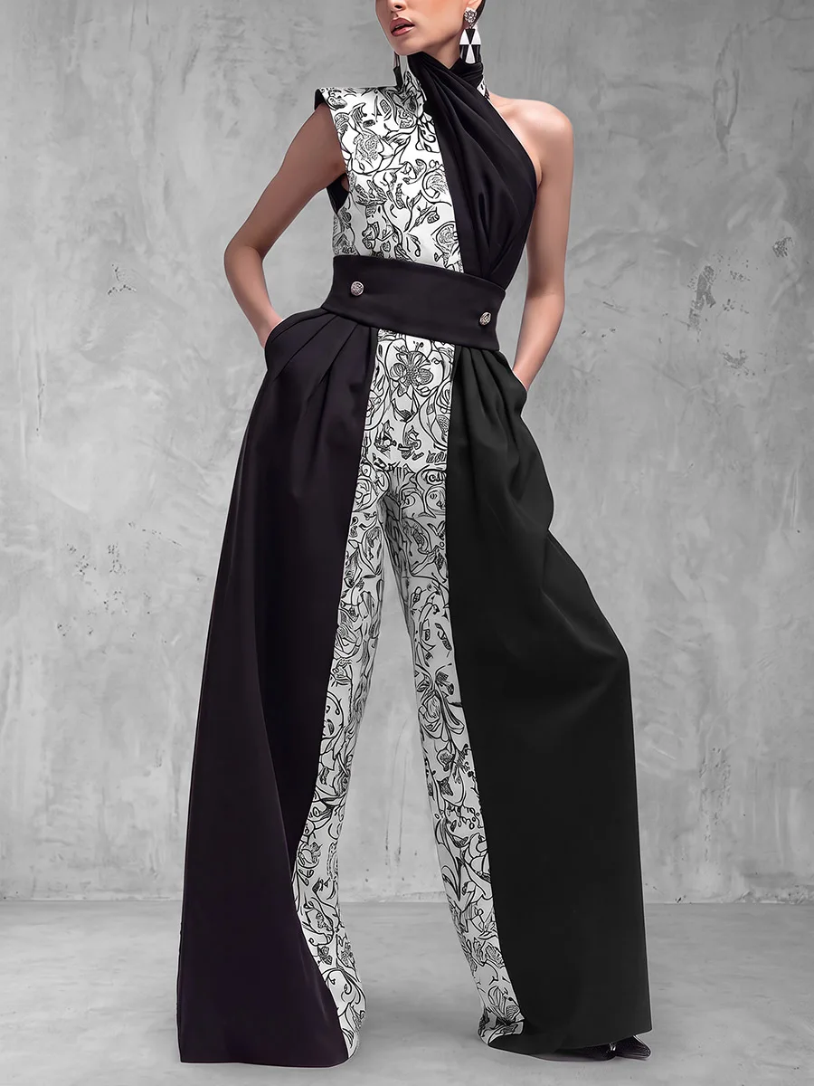 Modigirl Women Floral Print Color Block Halter Jumpsuit Sleeveless High Waist Wide Leg Pants 2026 Elegant Party Formal Romper