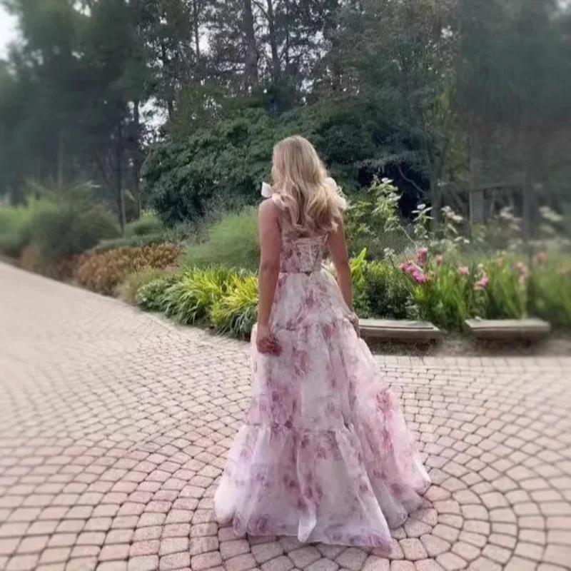 Lunaria personalizar sem alças floral impressão em camadas plissado vestido de baile lado alta divisão vestidos de noiva até o chão vestidos de noite