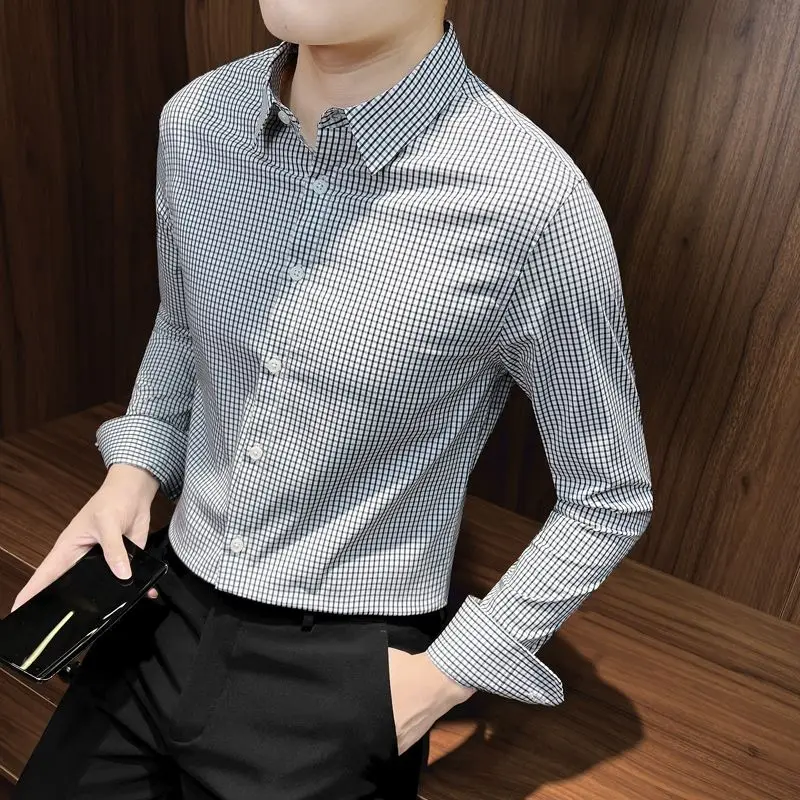 Spring Summer New Fashion Polo Collar Long Sleeved Checkered Cloth Casual Versatile Western Style Commuting Loose Men's Shirts