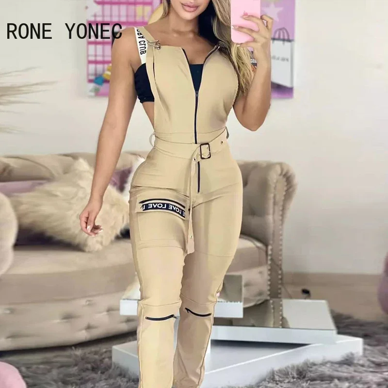 

Women Solid Elegant Letter Decoration Sashes Zipper Pocket Bodycon Casual Overall Jumpsuit