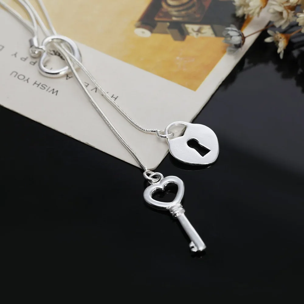 925 Sterling Silver Elegant Heart Lock Key Necklace for Women Luxury Fashion Party Wedding Accessories Jewelry Christmas Gifts