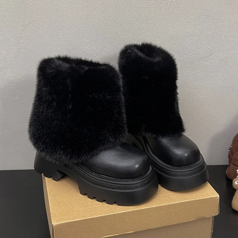 الفراء الثلوج حذاء من الجلد المرأة عالية الكعب أحذية مصممين 2025 قصيرة أفخم الشتاء تشيلسي الأحذية مضخات جديدة الاتجاه الأحذية الدافئة السيدات #2