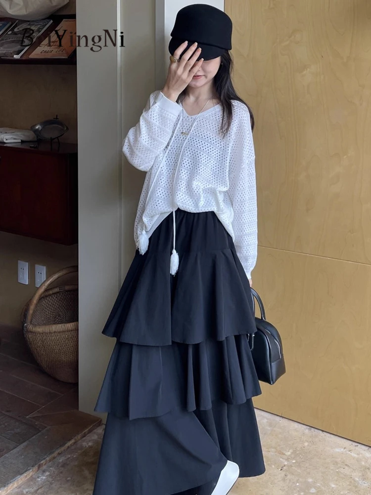 Beiyingni 2025 Nowa Koreańska Spódnica Damska w Jednolitym Kolorze Francuski Vintage Elegancka Długa Spódnica Tortowa Damska Codzienna Szykowna Spódnica w Kształcie Litery A Faldas