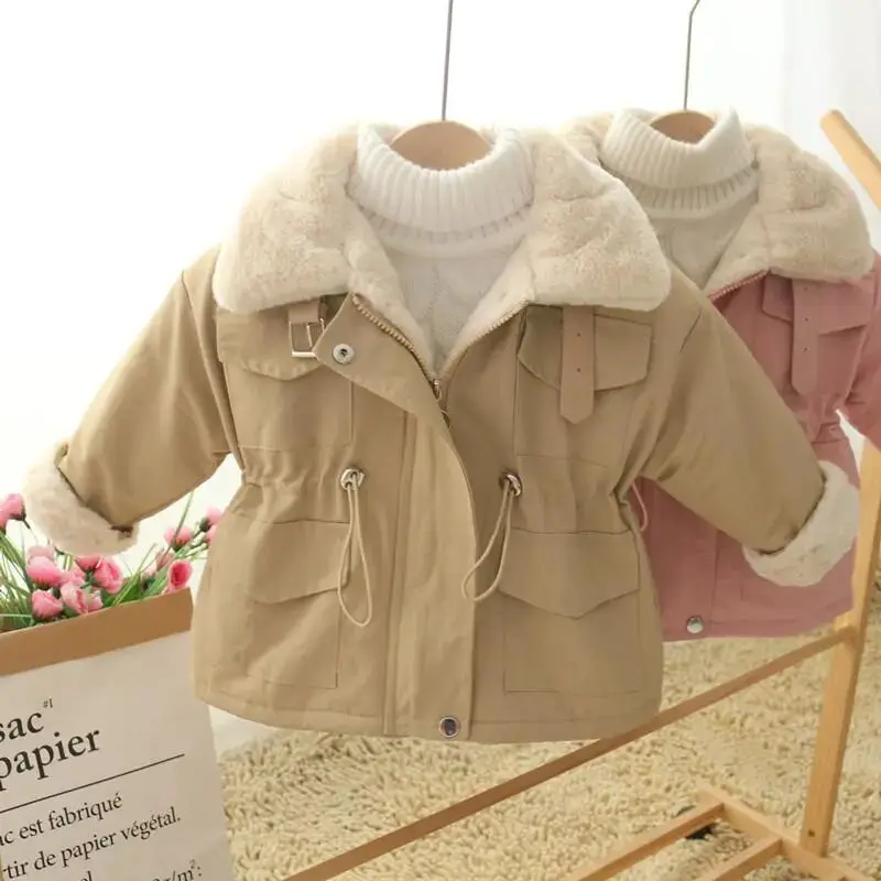 Velvet Plush Warm Kids Lapel Windbreaker Jackets Girls Coat Winter Children Fashion Cute Outerwear Toddler Baby Clothes 2024 New