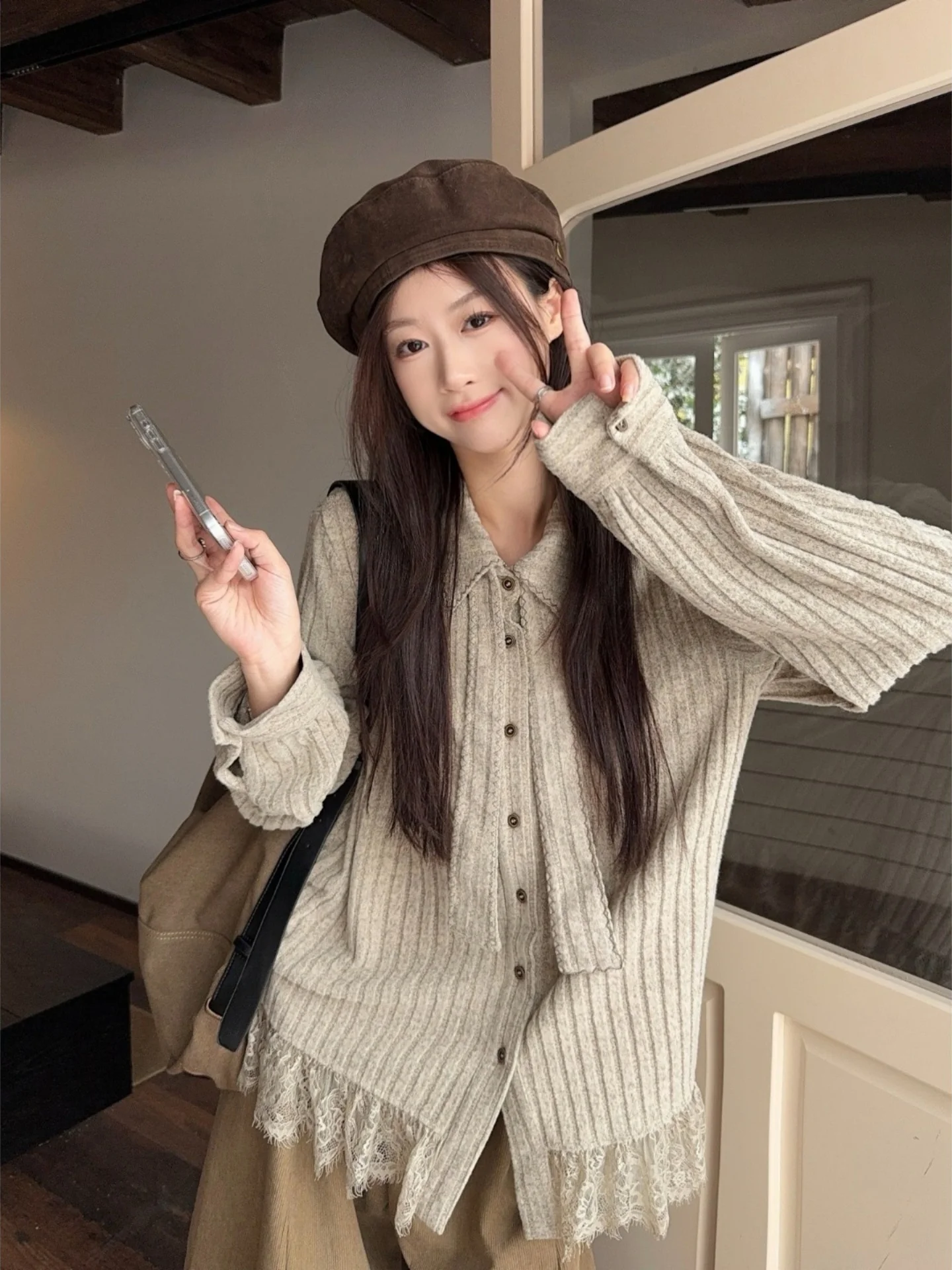 

Ruffle Design Lace Patchwork Collar irt Korean Sle Long Sve Slimming Casual Top for Young Women Daily Wear
