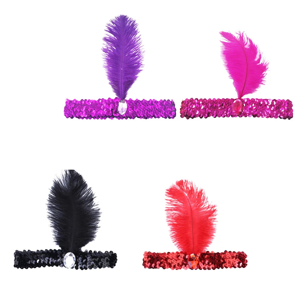 

4 Pcs Indian Style Headband Feather Multicolor Hair Hoops Sequin Headwrap Women Headdress