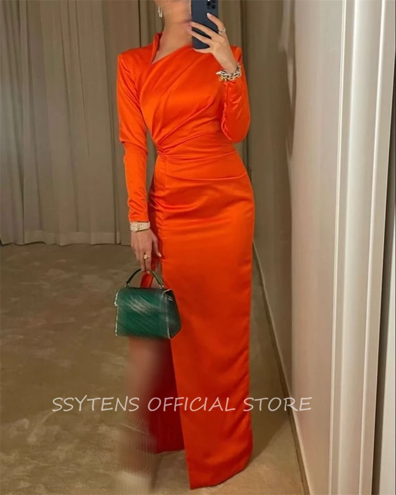 Simple Orange Mermaid Prom Dresses Side Slit Satin Party Dress Evening Gown for Formal Occasion Dubai Long Sleeve Robe de Soiree