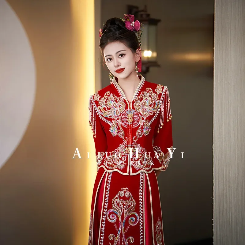 Bride New Chinese Style Toast Clothing Sequins Beading Tassels Embroidery Wedding Dress