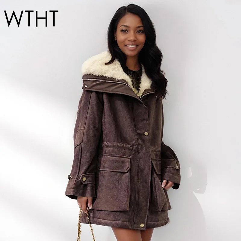 

WTHT 2025 Winter New Fashion Women's Thick Fake Suede Quilted Jacket Trendy Lapel Elastic Waist Warm Coat Female 1LS2665
