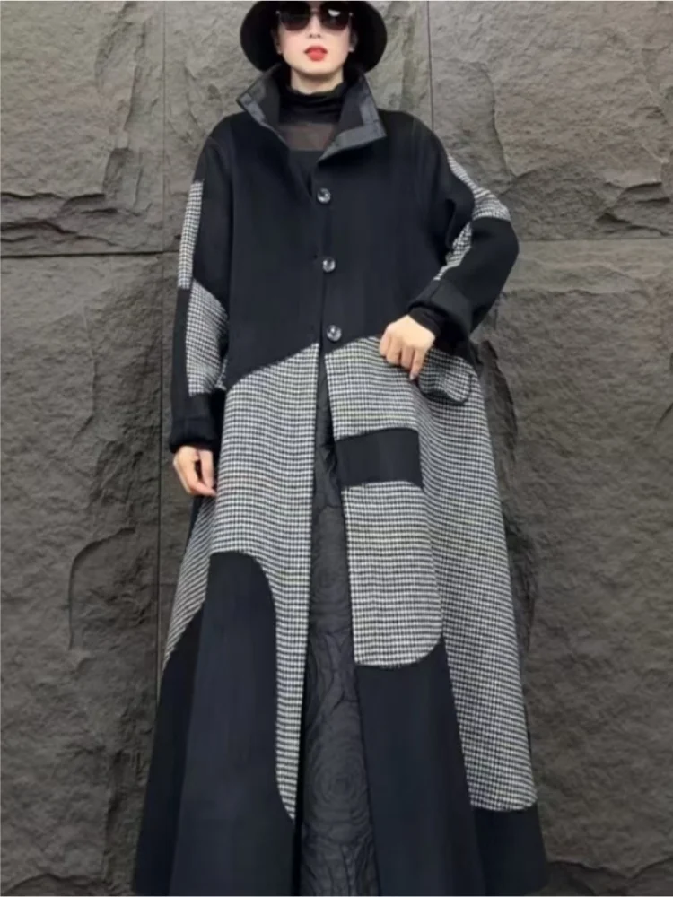 LYUZHE 2024 Autumn Winter New Thousand-bird Check Women Woolen Coat V-neck Long Sleeve For Fashion All-match Wool Coat ZXY1189A