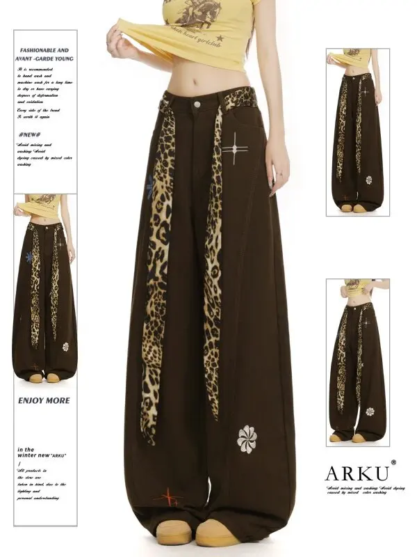 

American Style Leopard Print Embroidered Wide Leg Knife Jeans Women's Spring Autumn Loose Slimming Unique Design Casual ...