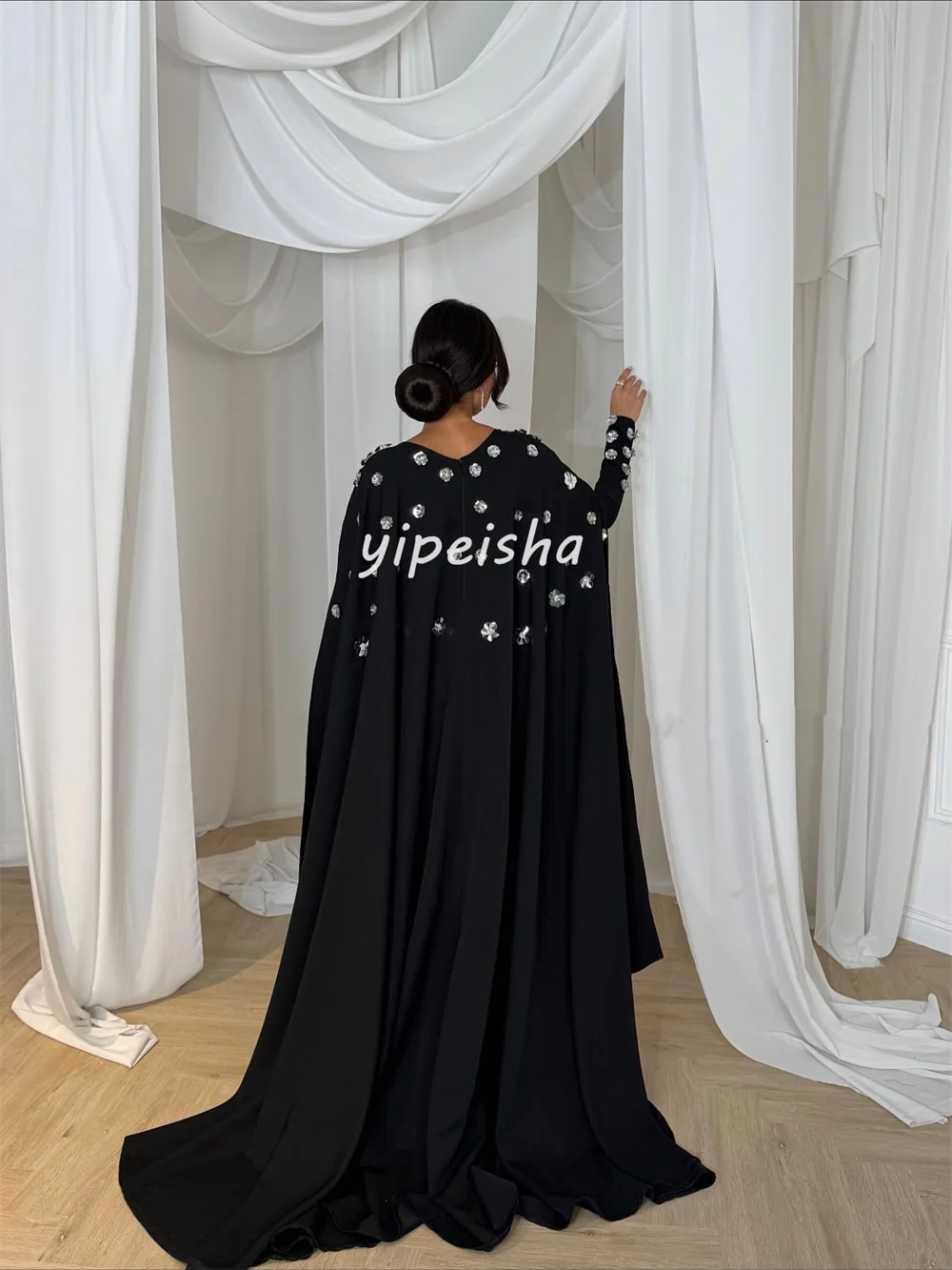 Customized Matching Simple Jersey Handmade Flower Pleat A-line High Collar Long Dresses Bespoke Occasion Dresses Chinese Style