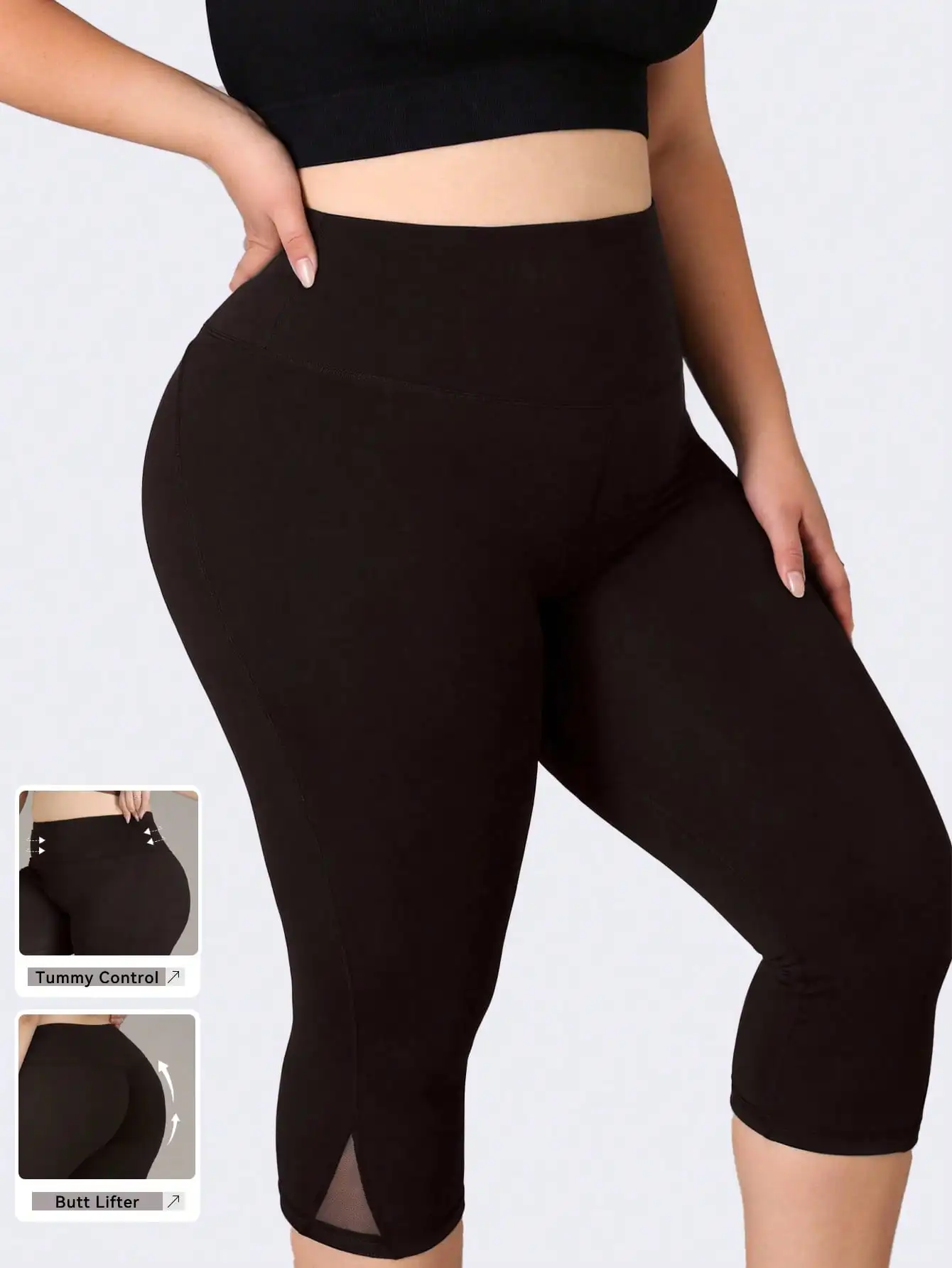 Plus Size Gym Leggings Women Mesh Yoga Pants High Waist Capri Workout Tights Side Slit Running Fitness Cropped Pants