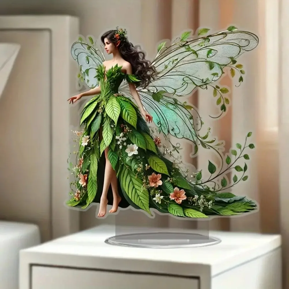 تمثال الجنية، تمثال الجان الأخضر الأكريليك المسطح 2D، المنزل، المكتب، المقهى، الغرفة، الاستوديو، حالة العرض، هدية ديكور سطح المكتب للطاولة #4