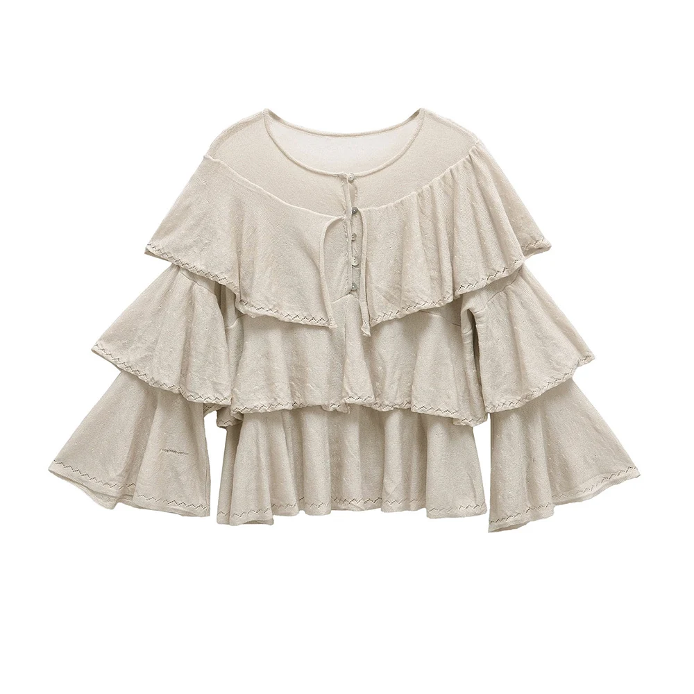 

2025 New Women's Elegant Stacked Decorative Round Neck Long Sleeve Knitted Shirt from Europe and America