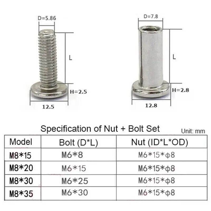 20pcs Hex Socket Cap Bolts Barrel Nuts Furniture Connector Countsunk Flat Nut
