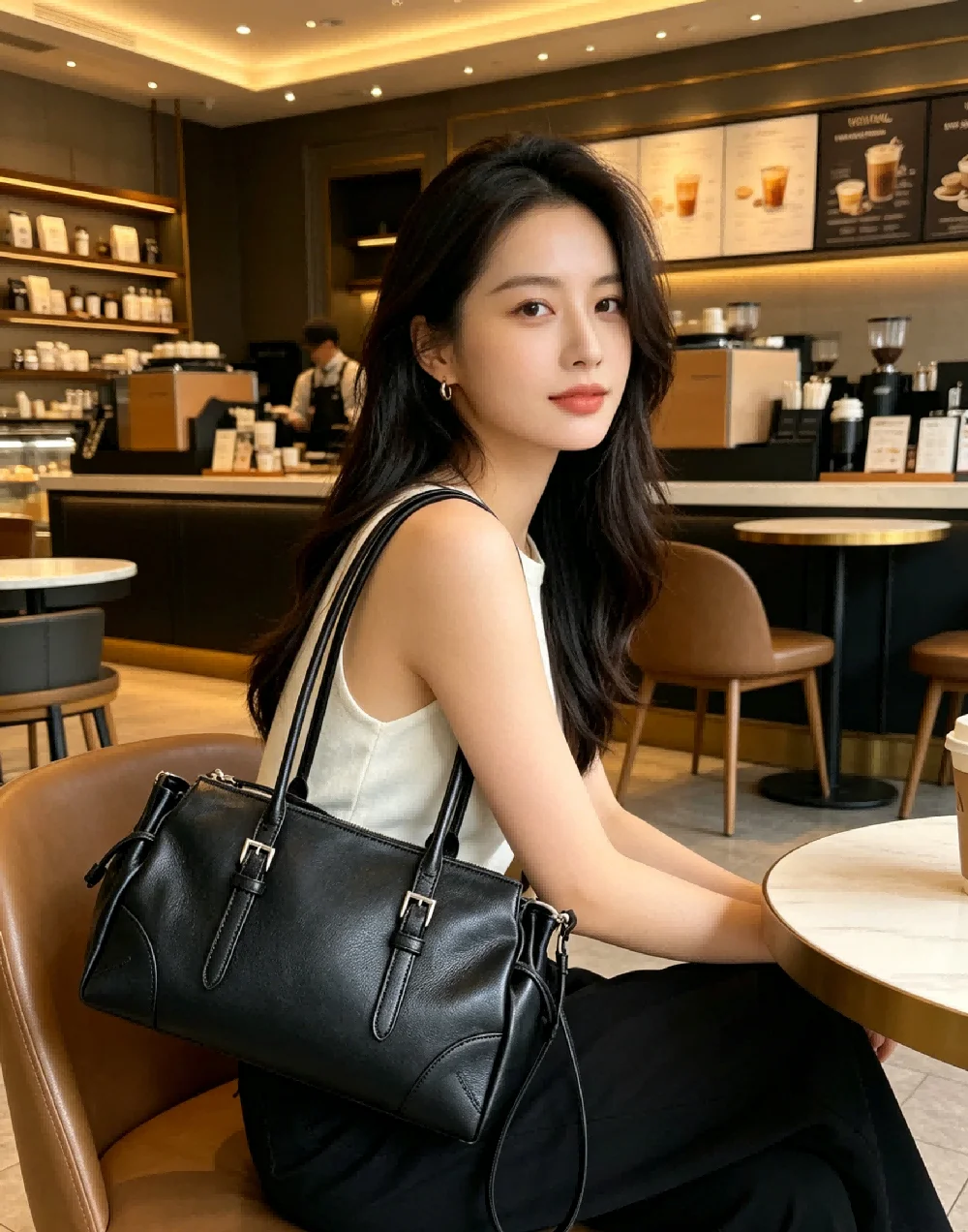 Sleek Black Soft Leather Tote Bag for Women Drawstring Shoulder Purse with Striped Strap for Work and Errands