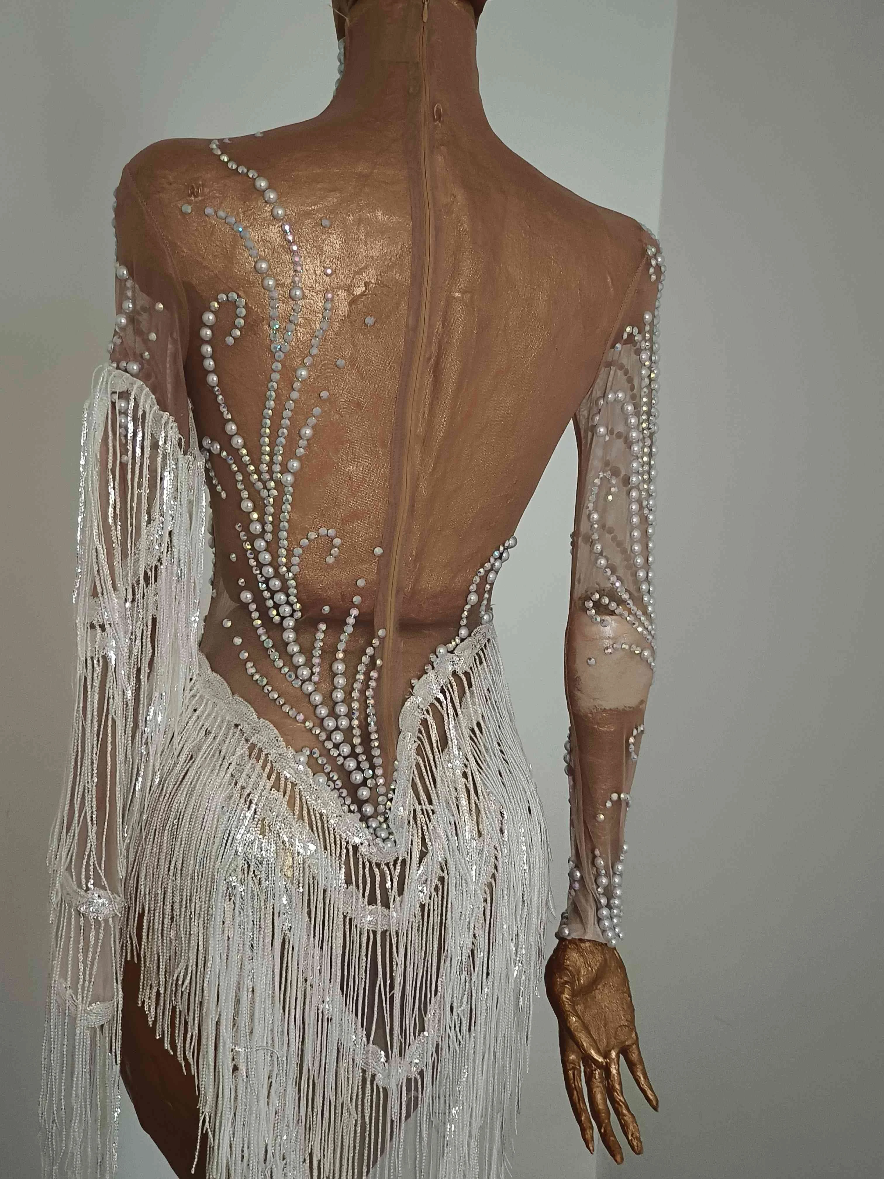 White Pearls Long Sequins Tassel Mini Dress Festival Celebrate See Through Mesh Asymmetrical Dress Party Dance Show Wear Fumao