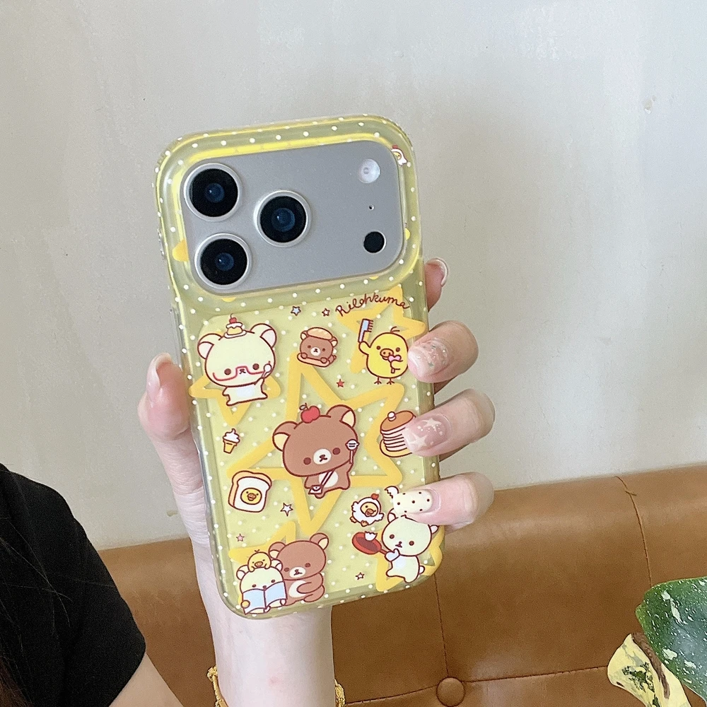 Cute Cartoon Japan Anime Rilakkuma Bear Kiiroitori Phone Case For iPhone 17 16 15 14 13 Pro Max Cases Shockproof Hard Cover view 4