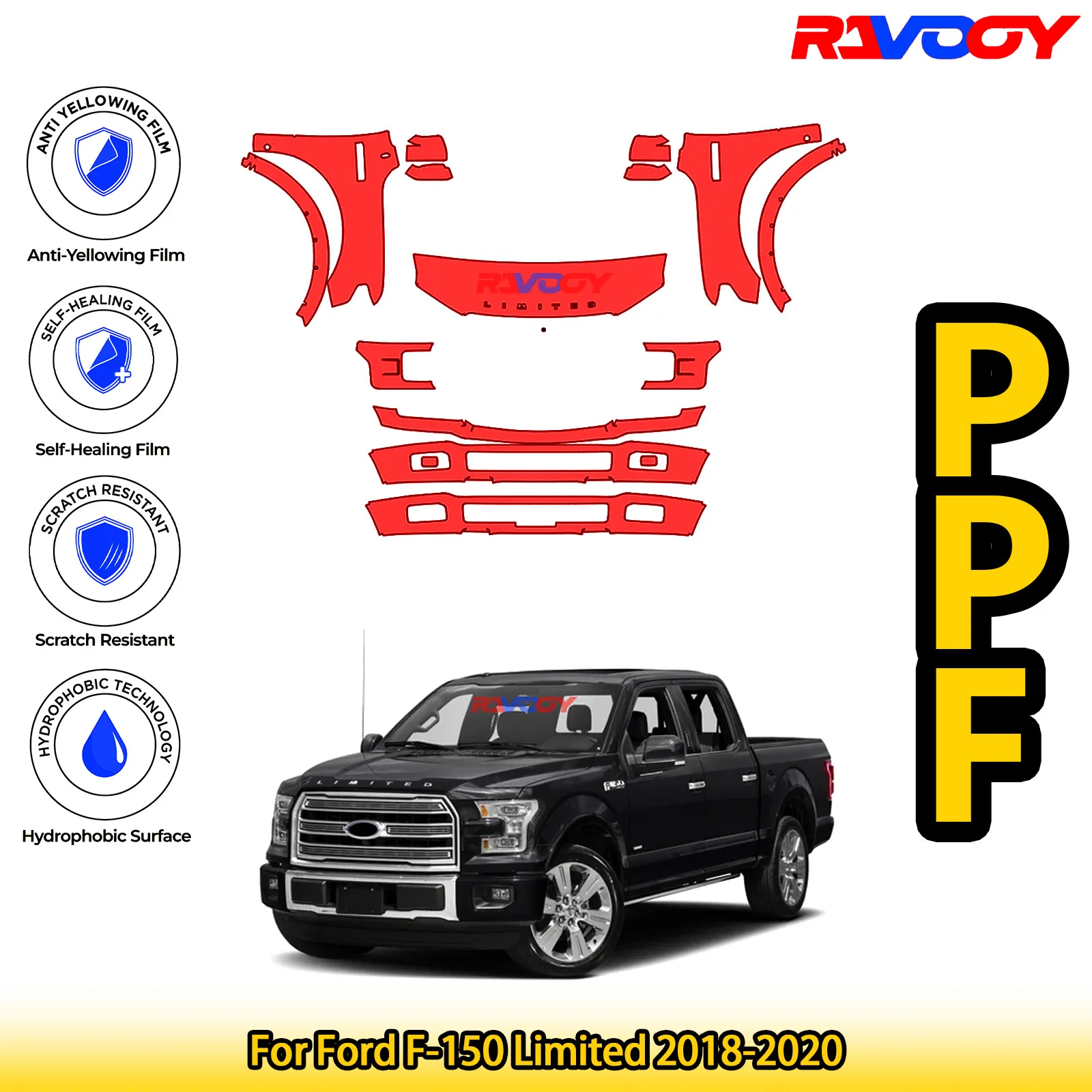 

Для Ford F-150 Limited 2018-2020 глянцевая матовая черная предварительно вырезанная передняя защитная пленка PPF для защиты от краски