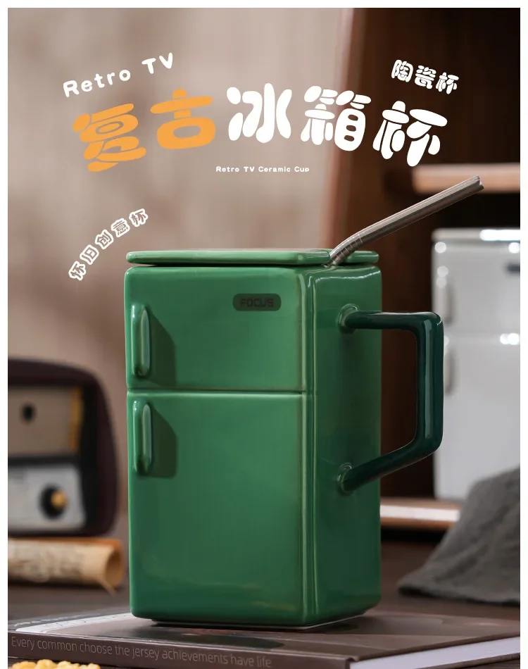 

Creative Retro Refrigerator with Lid Straw Ceramic Cup Funny Office Couple Gift Coffee Mug Mugs Cup with Straw