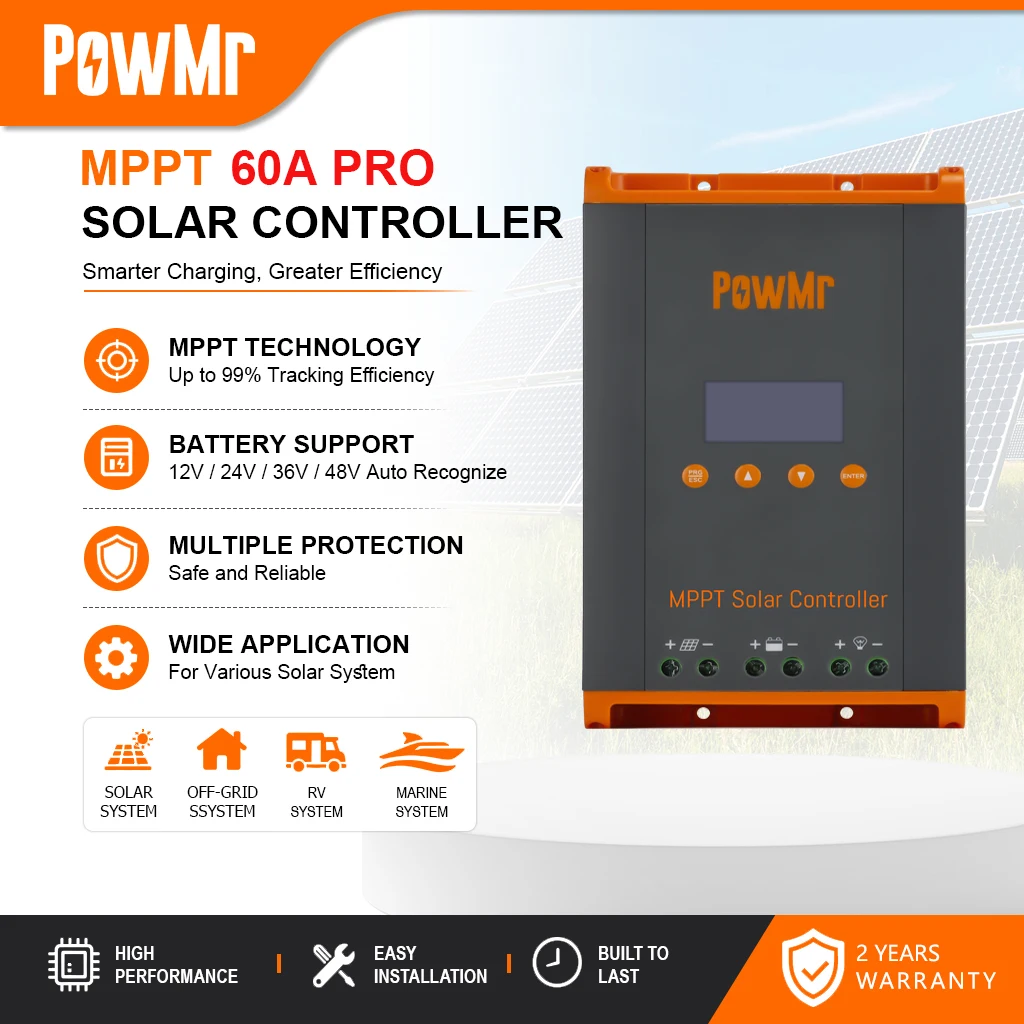 PowMr Lokaler Versand 60A MPPT Solarladeregler Max 160V PV-Eingang 12/24/36/48V automatische Spannung, bis 12 Geräte parallel, LiFePO4 Gel Bleiakkus für Wohnmobile Haus netzunabhängige Solaranlagen DE