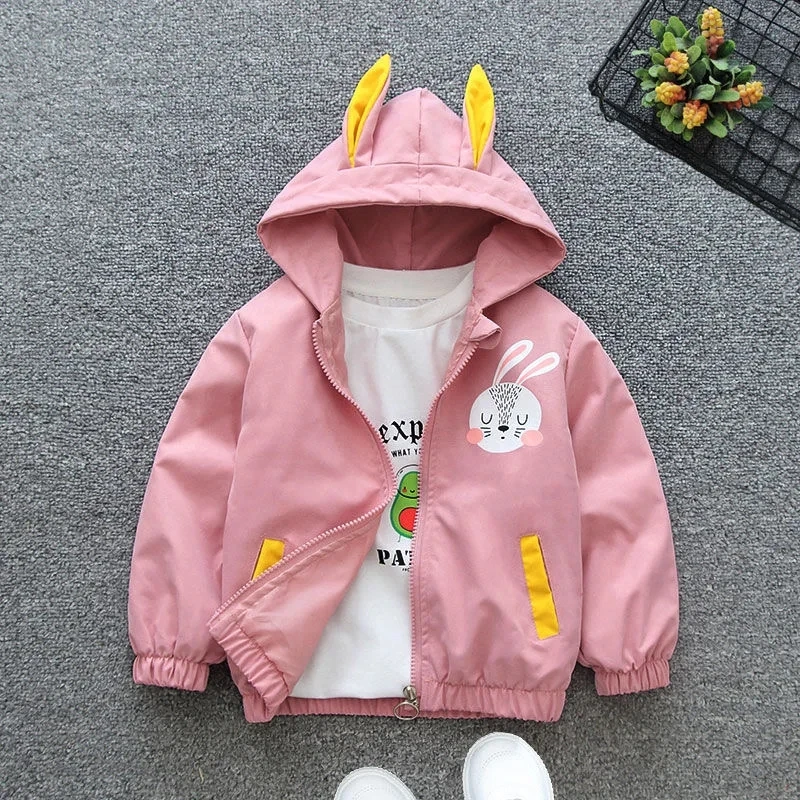 1 2 3 4 5 6 Years Baby Girls Jacket Cute Cartoon Animals Spring Autumn Boy Windbreaker Coat Hooded Zipper Outerwear Kids Clothes