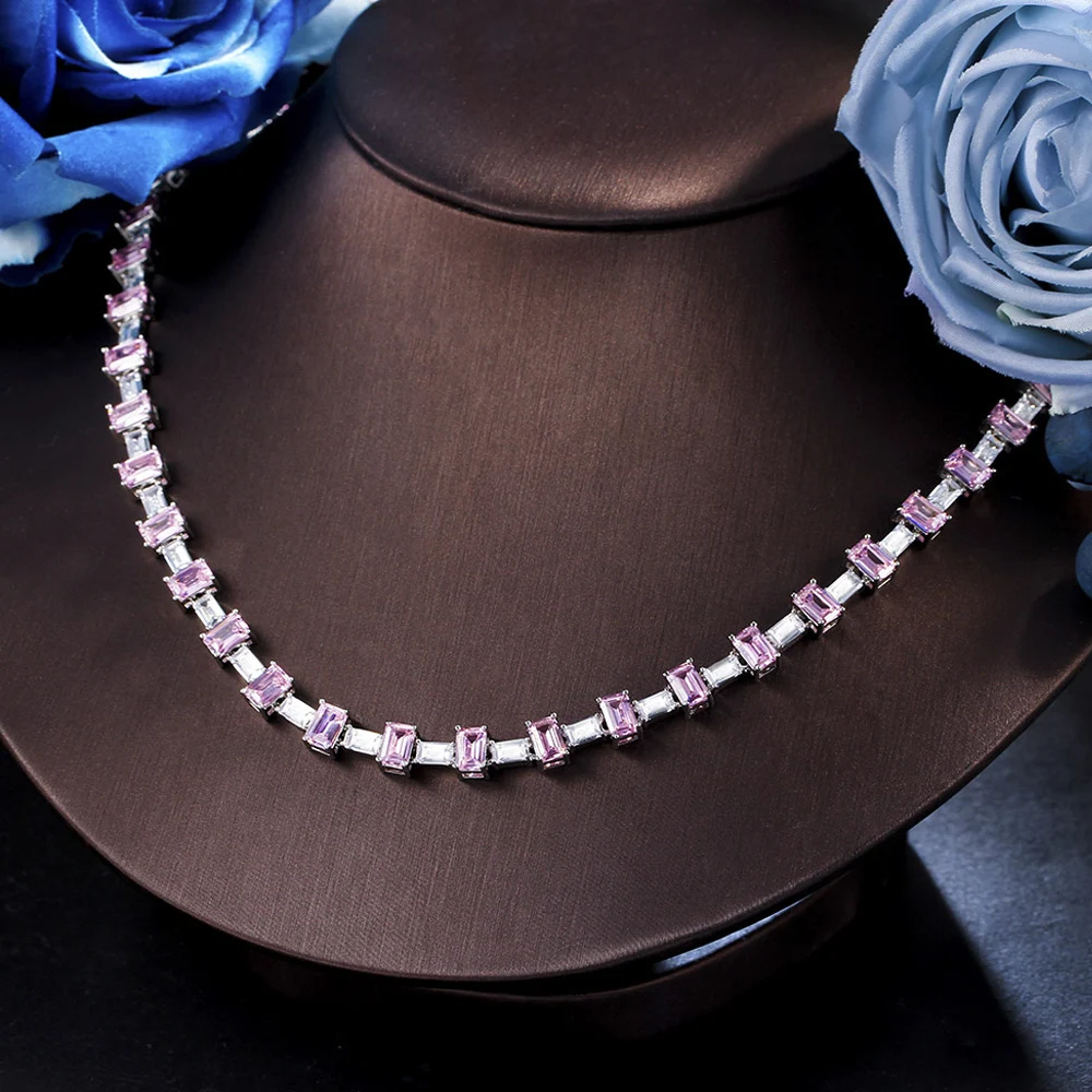 ThreeGraces Elegant Pink Cubic Zirconia Geometric Rectangle Chain Link Necklace for Women Fashion Party Costume Jewelry PN121